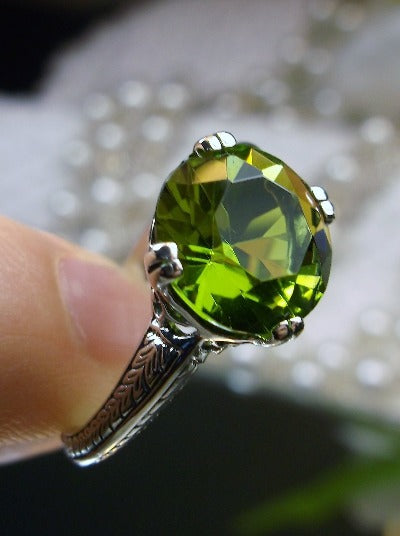 Green Peridot Ring, Button Design, Sterling Silver Filigree, Art Deco Jewelry, Silver Embrace Jewelry D12