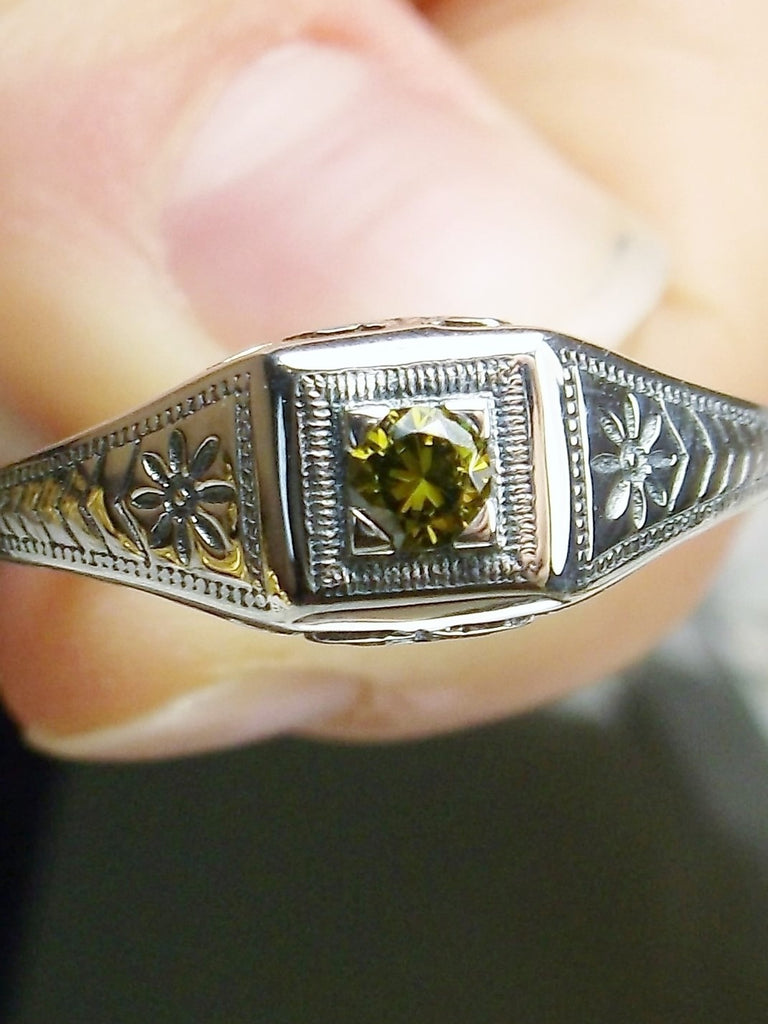 Green Peridot ring, solid sterling silver, deco wedding ring, D155, Silver Embrace Jewelry