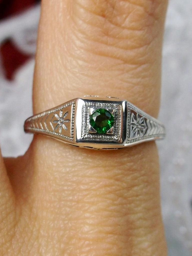 Natural Green Emerald ring, solid sterling silver, deco wedding ring, D155, Silver Embrace Jewelry