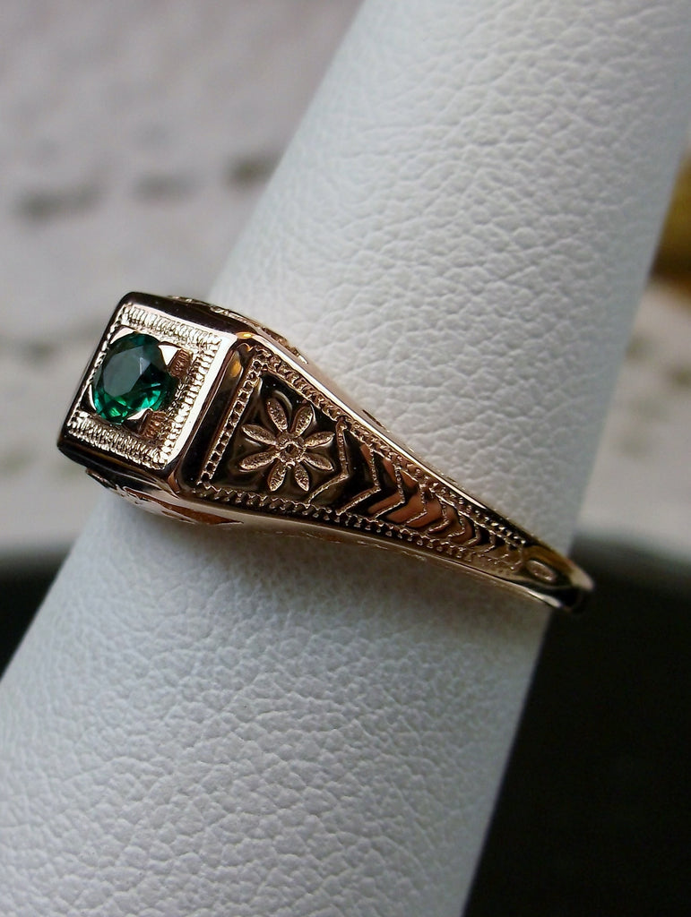 14k Solid Rose gold ring, natural green emerald, deco wedding ring, D155, Silver Embrace Jewelry