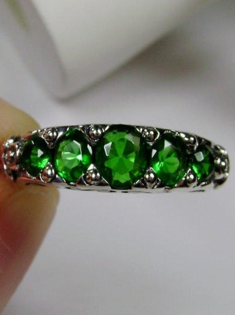 Green Emerald Ring,  5-Gemstone Georgian Ring, Vintage Jewelry, Sterling Silver Filigree, Silver Embrace Jewelry D19