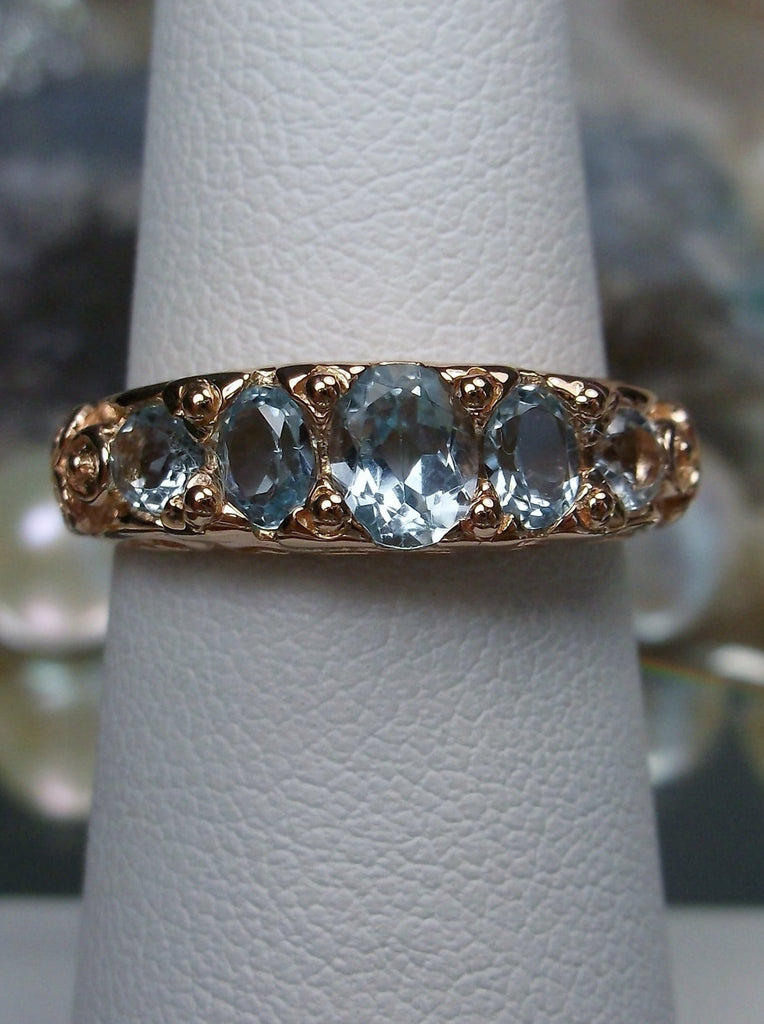 Natural Sky Blue Topaz Ring, 5-gem Georgian Rose Gold plated over sterling silver, Victorian Jewelry, Silver Embrace Jewelry, Vintage Ring, D19 Georgian