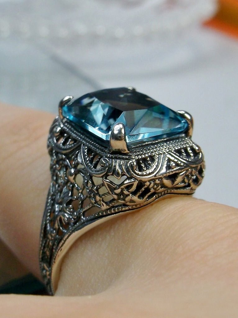 Sky Blue Topaz Ring, Autumn Design, Rectangle Gemstone, Vintage Victorian Jewelry, #D200