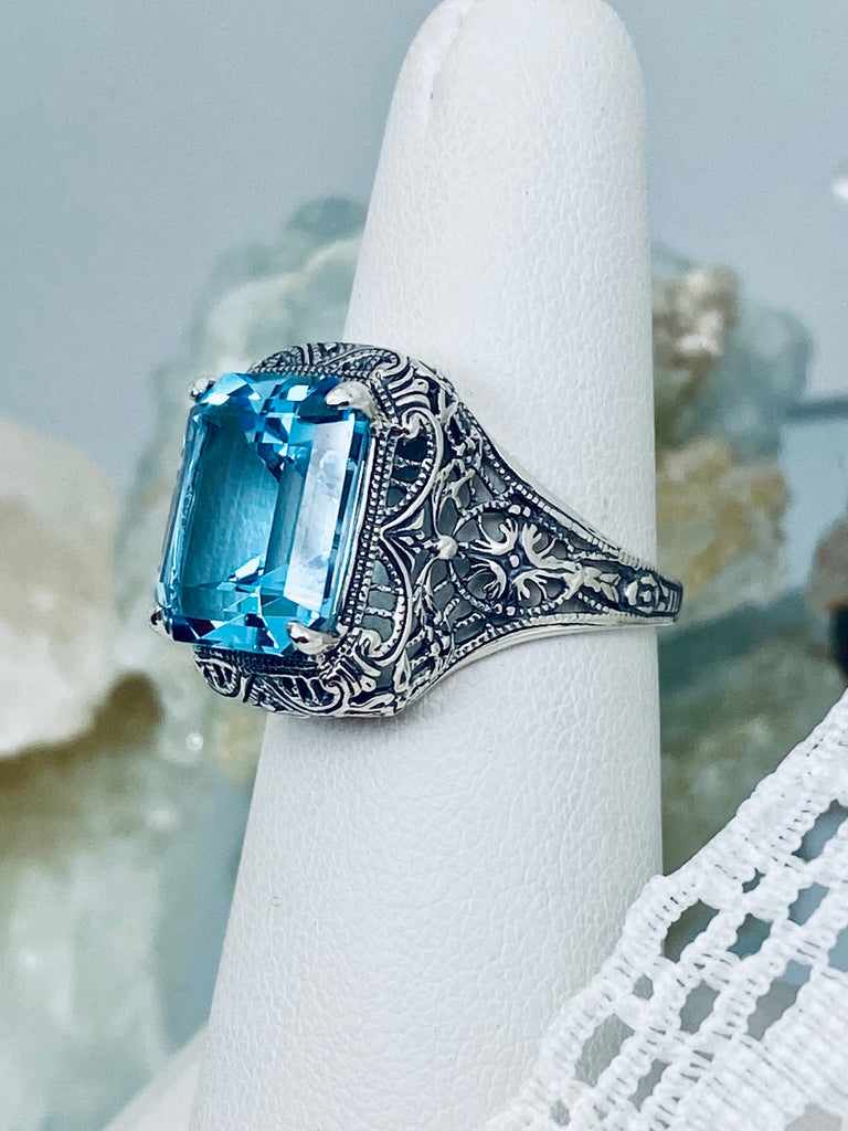 Natural Sky Blue Topaz Ring, Autumn Design, Rectangle Gemstone, Vintage Victorian Jewelry, #D200