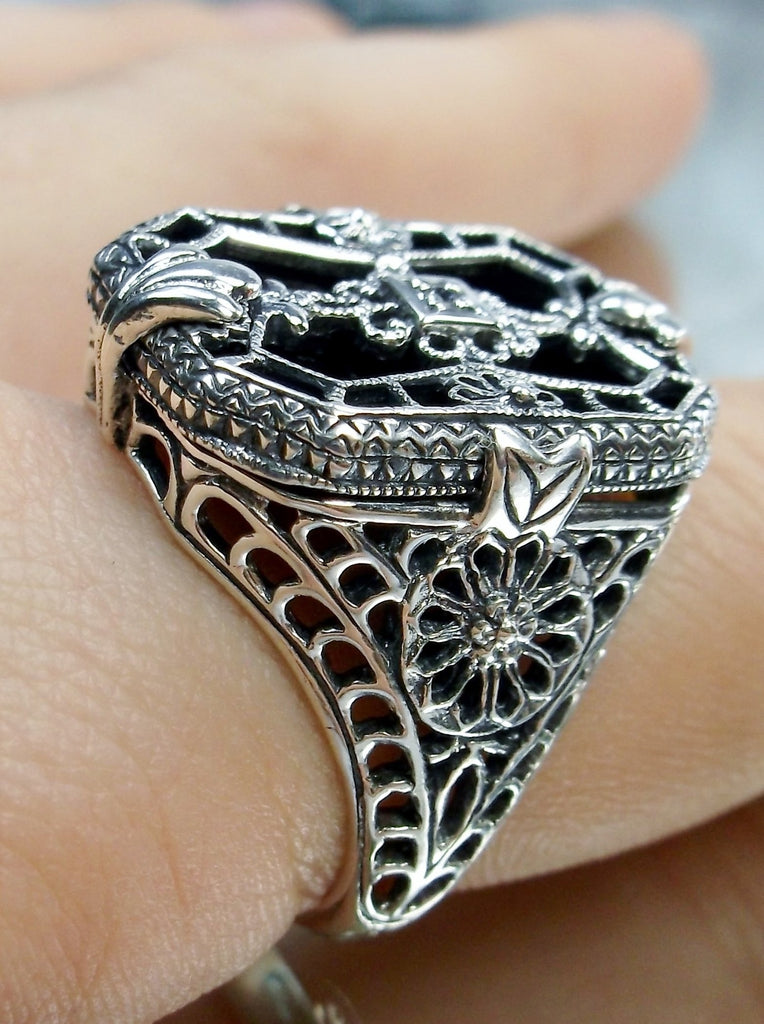Black Camphor Glass Ring with Sterling Silver Art Deco Filigree and a single white CZ in the center of the pane sections