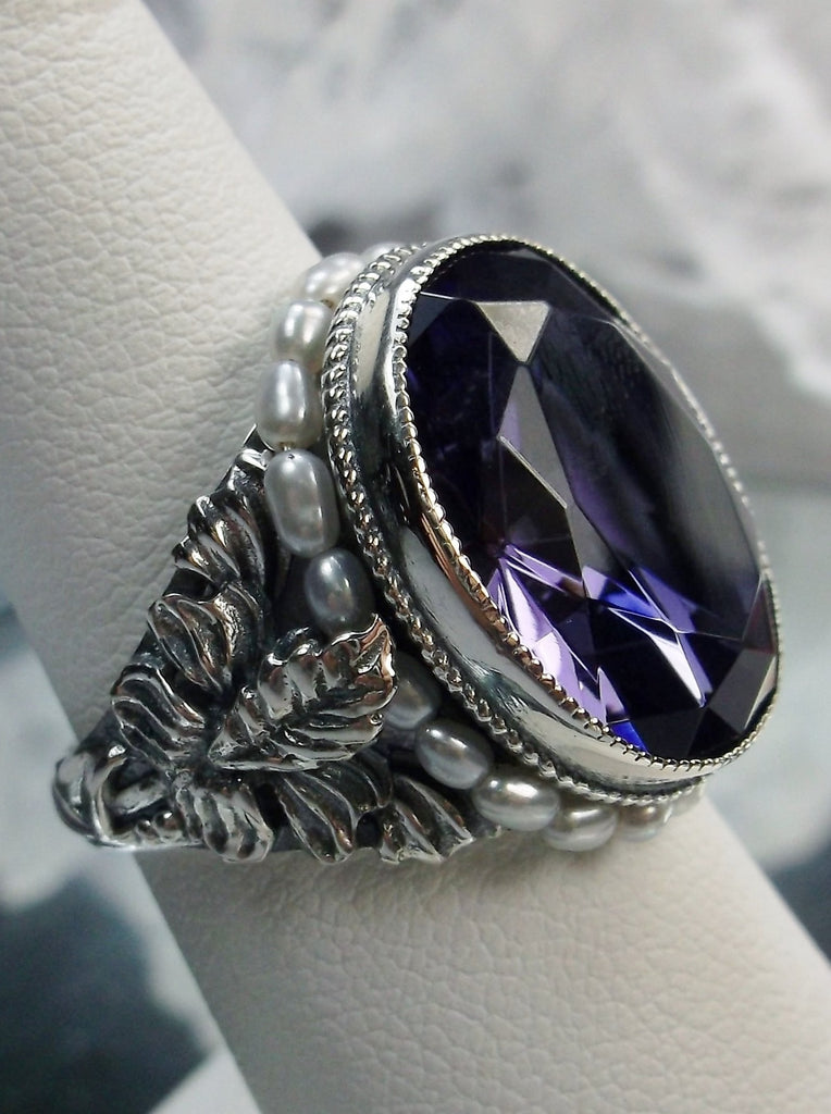 Purple Amethyst Art Nouveau style sterling silver ring, oval purple gem with seed pearls encircling the gem edge and palm tree silver filigree accents on each side of the band