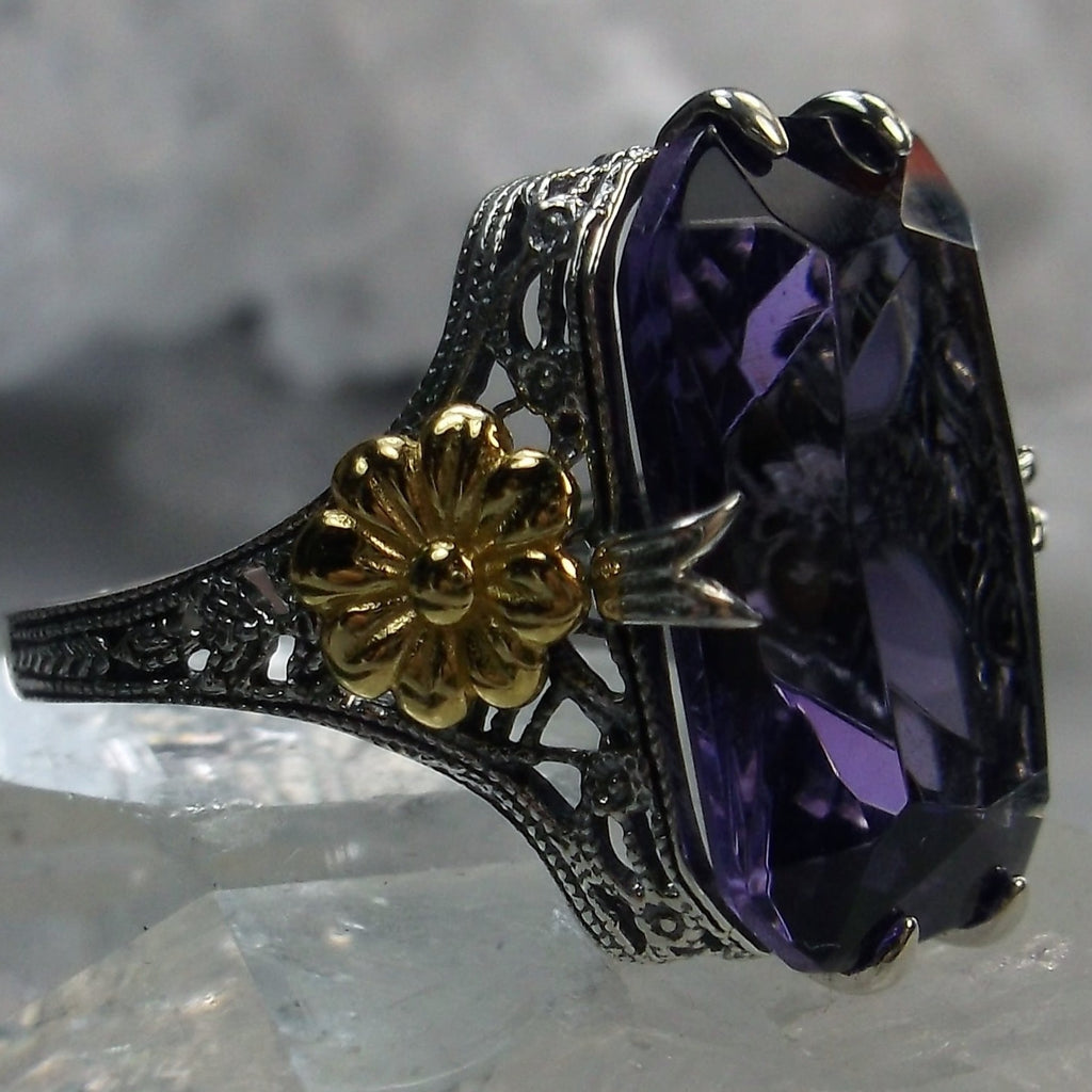 Purple Amethyst Ring, Golden Daisy, Rectangle faceted Gemstone, Gold Daisy, Vintage Ring, Victorian Jewelry, Silver Embrace Jewelry, Sterling Silver Filigree, D208 Gold Daisy