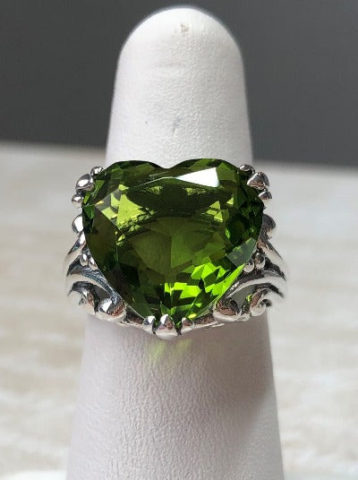Green Peridot Ring, Heart shaped Gemstone Ring, Heart Ring, Gothic Art Deco Design, heartleaf, Sterling Silver Filigree, Vintage Jewelry, Silver Embrace Jewelry, D213