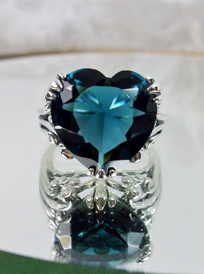 London blue topaz ring, Heart shaped Gemstone Ring, Heart Ring, Gothic Art Deco Design, heartleaf, Sterling Silver Filigree, Vintage Jewelry, Silver Embrace Jewelry, D213