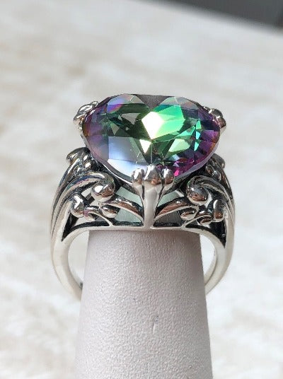 Mystic Topaz Ring, Heart shaped Gemstone Ring, Heart Ring, Gothic Art Deco Design, heartleaf, Sterling Silver Filigree, Vintage Jewelry, Silver Embrace Jewelry, D213
