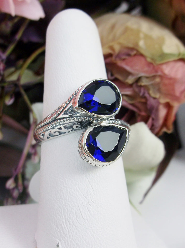 Blue Sapphire Dual Jewel Ring, Snake Eyes, Sterling Silver Filigree, Silver Embrace Jewelry