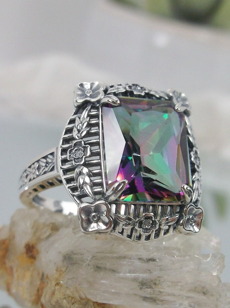Mystic Topaz Ring, Picture Frame Sterling Silver Filigree, Vintage Jewelry, Silver Embrace Jewelry #D227