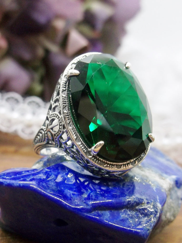 Green Emerald Ring, Persian Art Deco Ring, Vintage Jewelry, Sterling Silver, Silver Embrace Jewelry D230