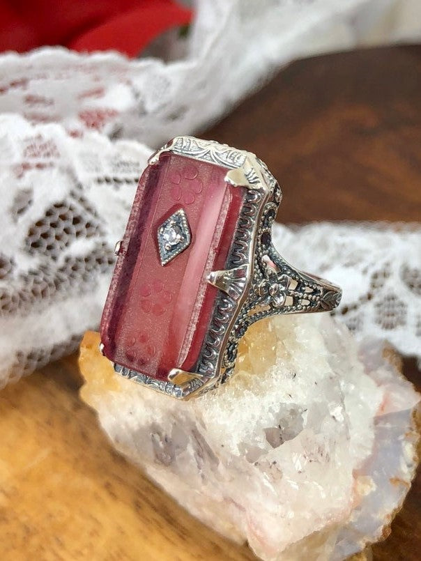 Pink Camphor Glass Ring with choice of White CZ, lab moissanite, or genuine diamond inset gem, Edwardian Jewelry, Silver Embrace Jewelry D232