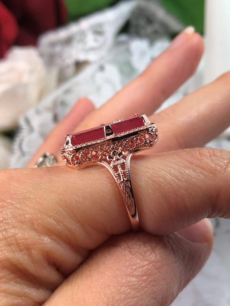 Rose-Pink Camphor Glass Ring, Rose gold over sterling silver, with Inset Gem; choice of White CZ, Lab Moissanite, or Genuine Diamond, Edwardian Jewelry, Silver Embrace Jewelry D232