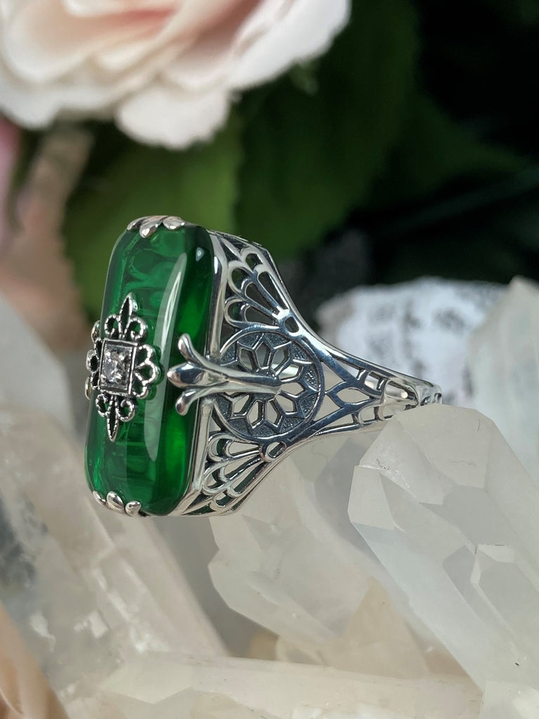 Emerald Green Glass Ring, Grace Ring, Embellished Sterling Silver Filigree, Edwardian Jewelry, Inset Gem, Silver Embrace Jewelry, D233