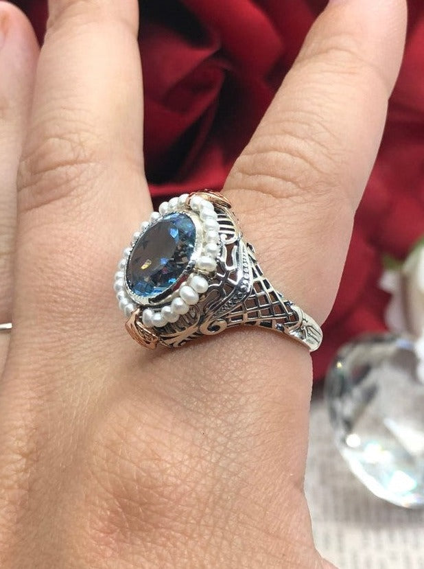 Natural Blue Topaz ring, Round seed pearl and rose gold accents with sterling silver filigree details, Silver Embrace Jewelry, Round Pearl D238