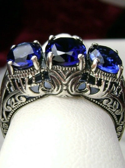Blue Sapphire Trinity 3 stone Ring, Sterling silver filigree, antique jewelry, silver embrace Jewelry, D41
