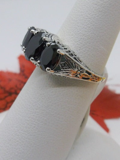 Black CZ Ring, Trinity 3 stone Ring, Sterling silver filigree, antique jewelry, silver embrace Jewelry, D41