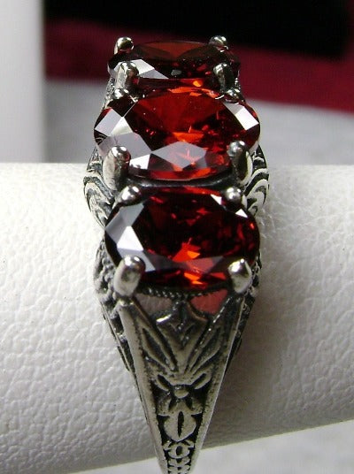 Red Garnet Cubic Zirconia (CZ) Trinity 3 stone Ring, Sterling silver filigree, antique jewelry, silver embrace Jewelry, D41