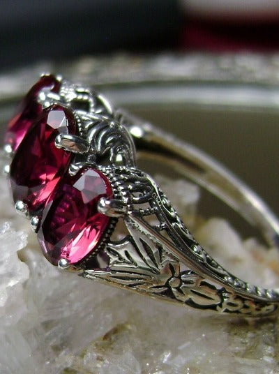 Red Ruby Trinity 3 stone Ring, Sterling silver filigree, antique jewelry, silver embrace Jewelry, D41