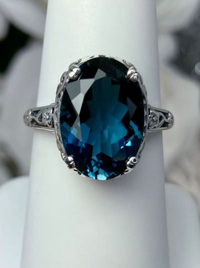 Natural London Blue Topaz Edward Ring, Oval Gem, 14mmx10mm, Sterling Silver Filigree, Edwardian Vintage Jewelry, Silver Embrace Jewelry, Design D70