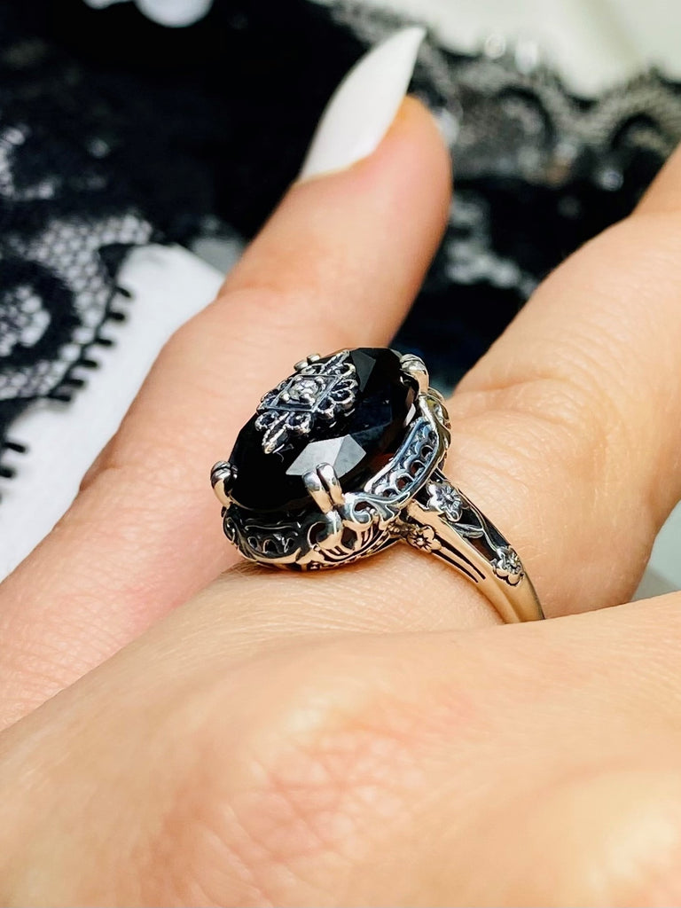 Black Onyx Ring, Choice of white CZ, Lab Moissanite, or genuine diamond inset gem, sterling silver filigree, Silver Embrace Jewelry D70e