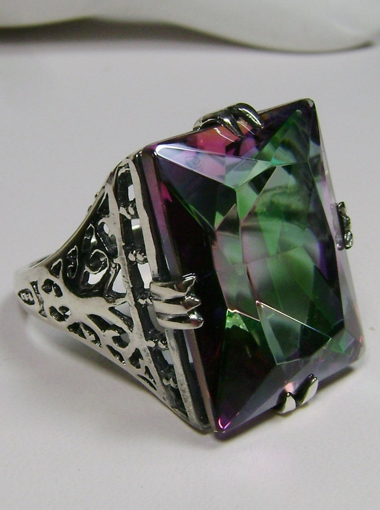 Mystic Topaz Huge Rectangle Ring, Sterling Silver Filigree, Antique Style, Vintage Jewelry, Silver Embrace Jewelry Design D9 XR