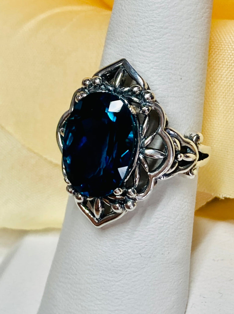 Deep London blue topaz Ring, Oval Gemstone, Gothic style, vintage jewelry, sterling silver filigree, silver embrace jewelry, D98
