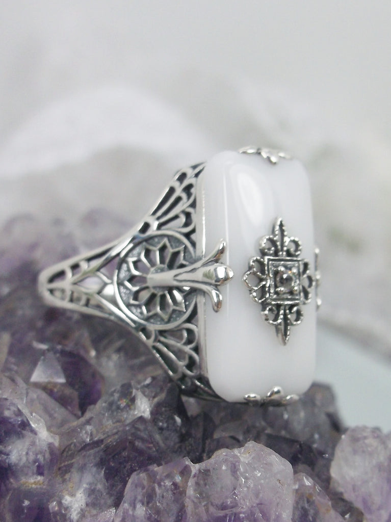 Snow White Ceramic Glass Ring, Grace Ring, Embellished Sterling Silver Filigree, Edwardian Jewelry, Inset Gem, Silver Embrace Jewelry, D233