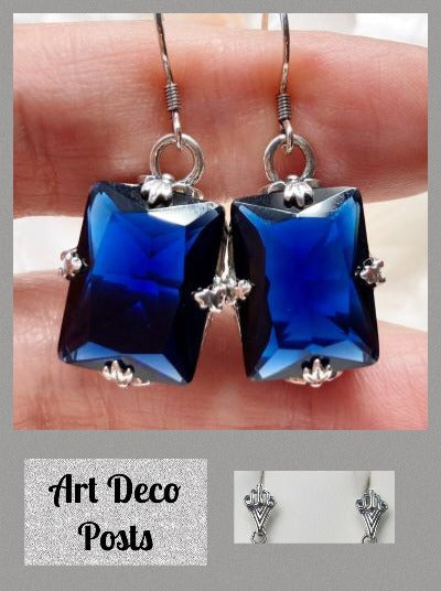 Blue Sapphire Earrings, Art Deco Sterling silver Filigree, Vintage Jewelry, Silver Embrace Jewelry, E15