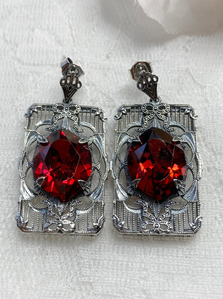 Red Garnet CZ (Cubic Zirconia)  Earrings, Sterling Silver Art deco Filigree, Vintage Jewelry, Silver Embrace Jewelry, Antoinette Earrings, E24