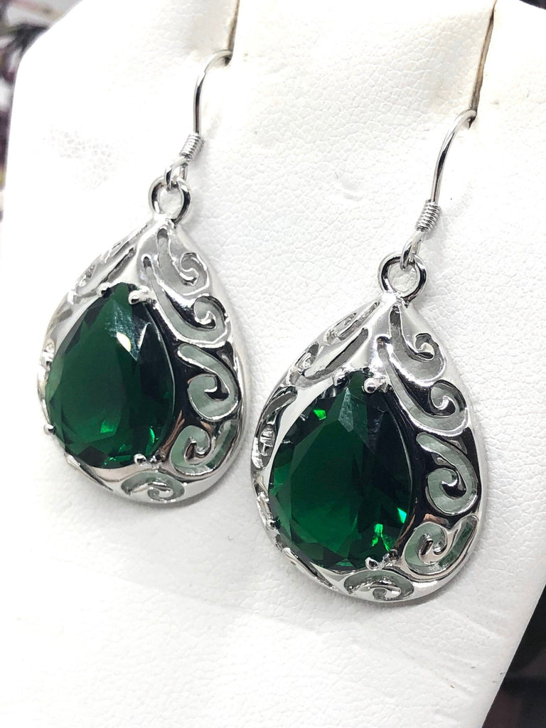Green Emerald Big Teardrop Earrings, Pear shaped faceted gemstone, Sterling silver Filigree, drop earrings, Silver Embrace Jewelry, E28 Big Tear Earrings