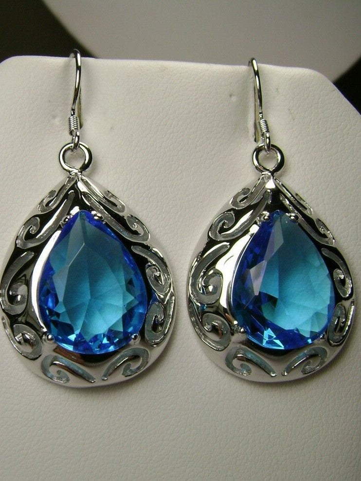 Swiss Blue Topaz Big Teardrop Earrings, Pear shaped faceted gemstone, Sterling silver Filigree, drop earrings, Silver Embrace Jewelry, E28 Big Tear Earrings