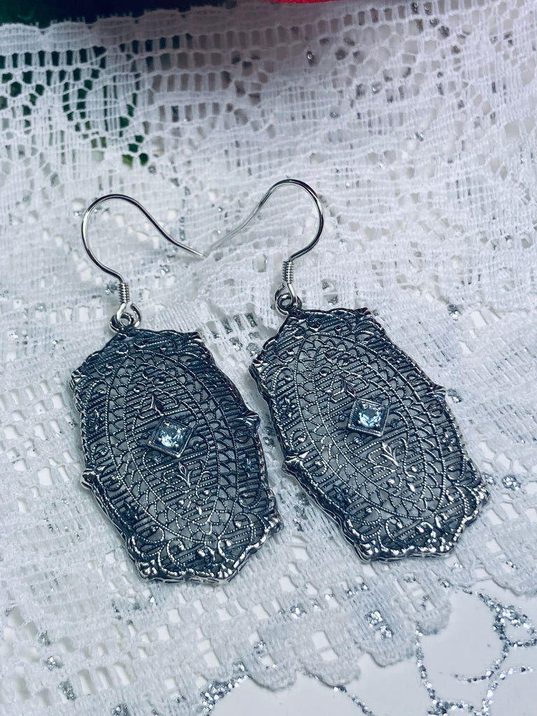 Natural Blue Aquamarine Earrings, Natural Gemstone, Rococo Vintage Jewelry, Victorian Jewelry, Sterling Silver Filigree, Silver Embrace jewelry E358