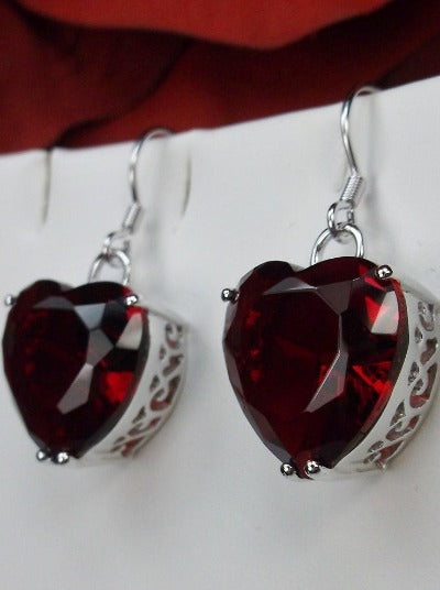 Red Garnet Cubic Zirconia (CZ) Earrings, Heart Earrings, Sterling Silver Filigree Jewelry, Vintage Jewelry, Silver Embrace Jewelry, E38
