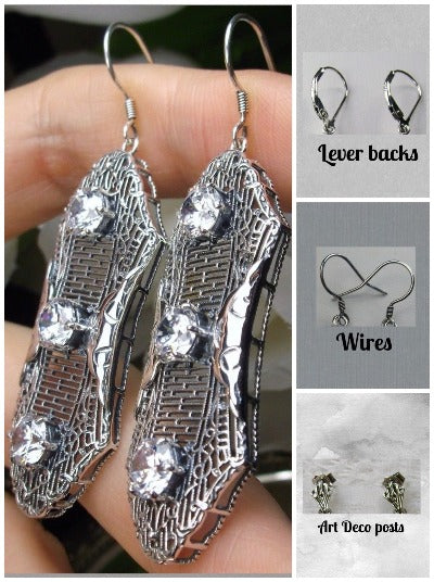 White Cubic Zirconia (CZ) Earrings, Edwardian Jewelry, Sterling Silver Filigree, Triple Gemstone, Vintage Jewelry, Silver Embrace Jewelry, Twist Earrings E42