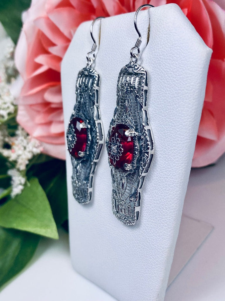 Red Ruby Embellished Oval Earrings, Oval Castle Earrings, Art Deco Jewelry, Sterling Silver Filigree, Silver Embrace Jewelry, #E4e