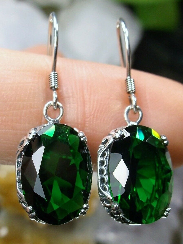 Green Emerald Earrings, Sterling Silver Filigree, Edward #E70, Vintage Reproduction Jewelry, Silver Embrace Jewelry