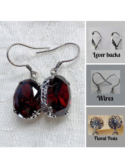 Red Garnet Cubic Zirconia (CZ)  Earrings, Sterling Silver Filigree, Edwardian Jewelry, Vintage Jewelry, Silver Embrace Jewelry, E70