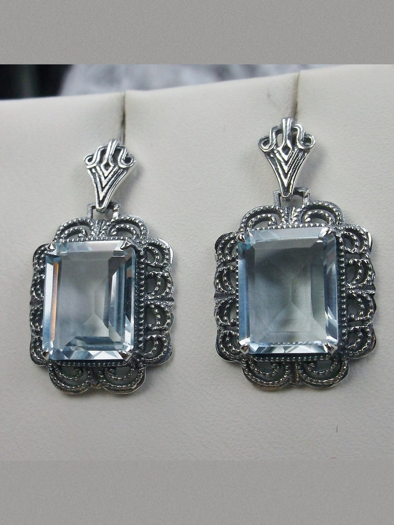 Natural Blue Topaz Earrings, Rectangle gemstones edged with fine lace filigree detail accenting the lovely natural blue topaz stone, Natural Blue Topaz earrings