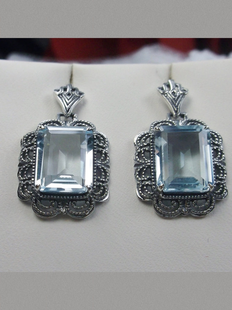 Natural Blue Topaz Earrings, Rectangle gemstones edged with fine lace filigree detail accenting the lovely natural blue topaz stone, Natural Blue Topaz earrings