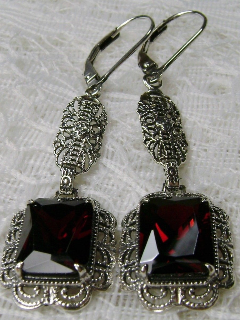 Garnet Cubic Zirconia Earrings, Rectangle gemstones edged with fine lace filigree detail, suspended from a lovely sterling silver filigree element with accenting detail, Garnet CZ earrings