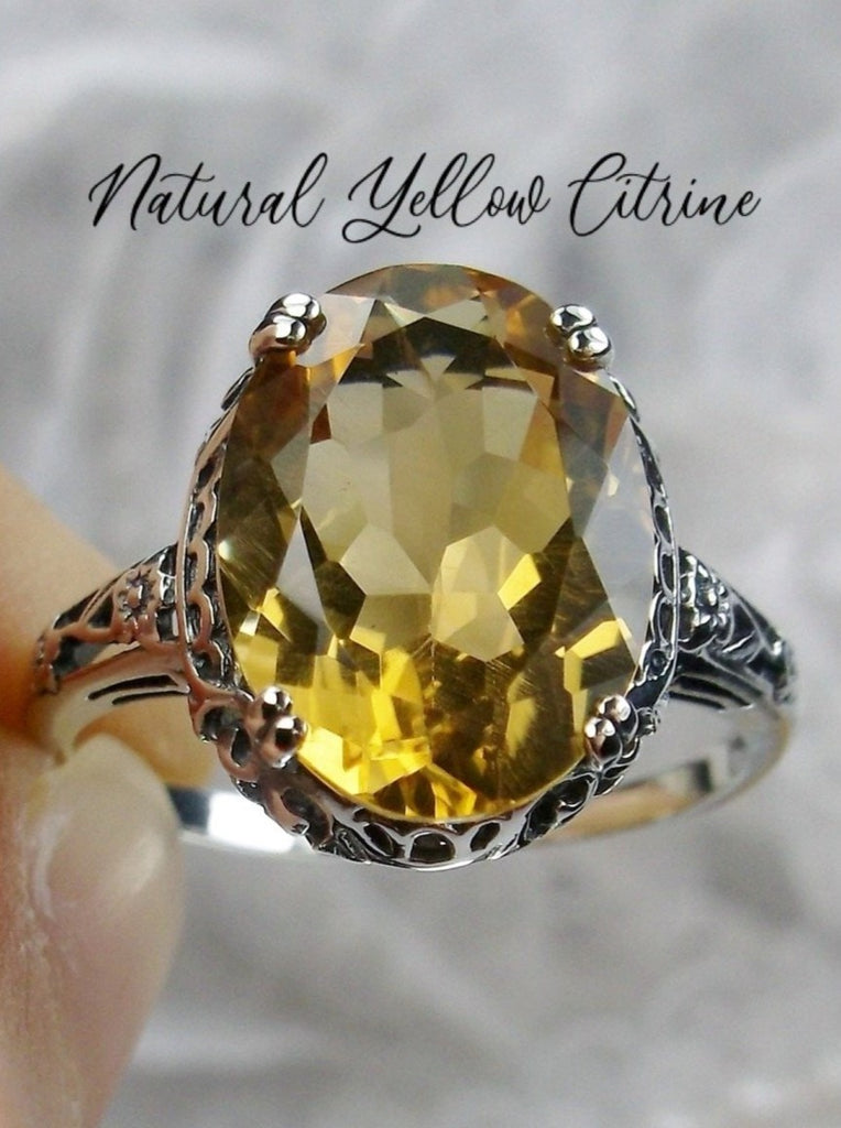 Natural Citrine Ring, Oval yellow citrine gemstone, sterling silver floral filigree, Edward Design #D70, top view with text