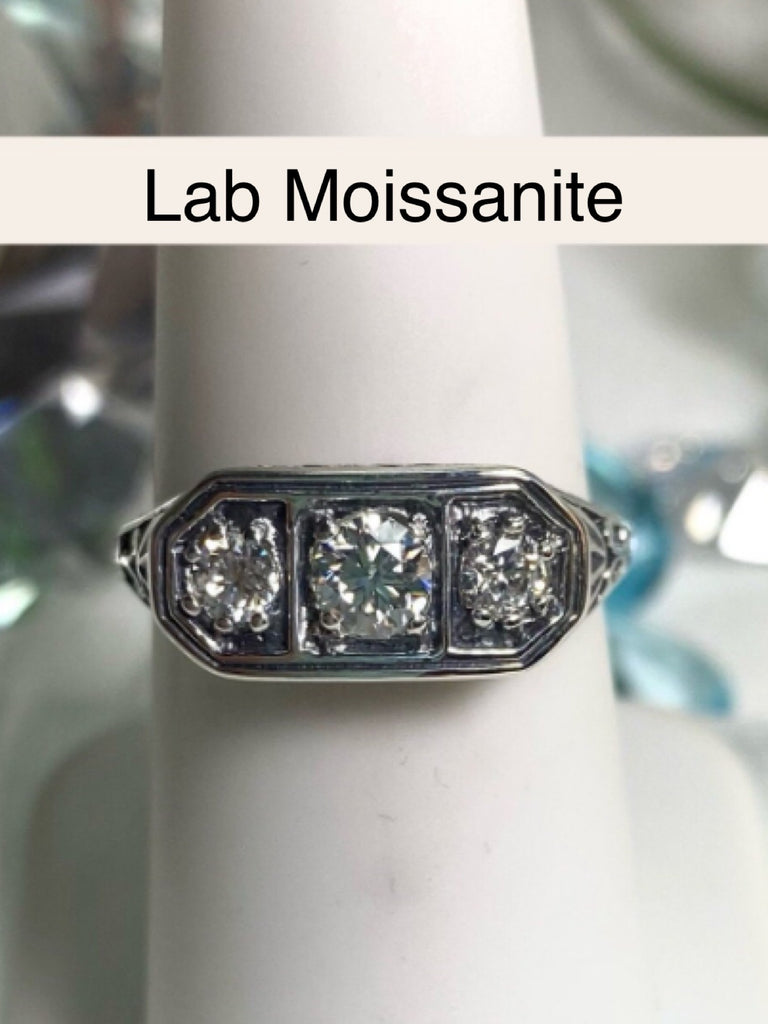 Lab Moissanite Ring, 3stone, Triple gem, Lily Filigree, Edwardian Jewelry, Silver Embrace Jewelry