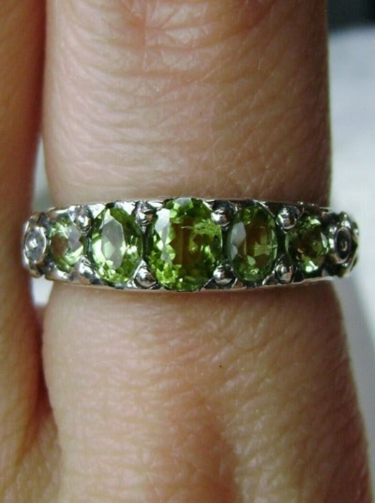 Natural Green Peridot Ring,  5-Gemstone Georgian Ring, Vintage Jewelry, Sterling Silver Filigree, Silver Embrace Jewelry D19