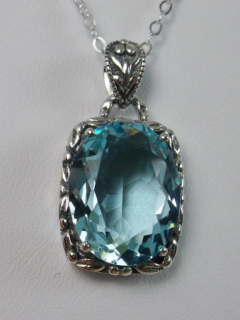Aquamarine Sky blue Pendant, Leaf Accent Pendant, oval faceted gemstone surrounded by sterling silver leaf accent detail, creating a charming Art Nouveau pendant, Sterling silver Filigree, Silver Embrace Jewelry P120