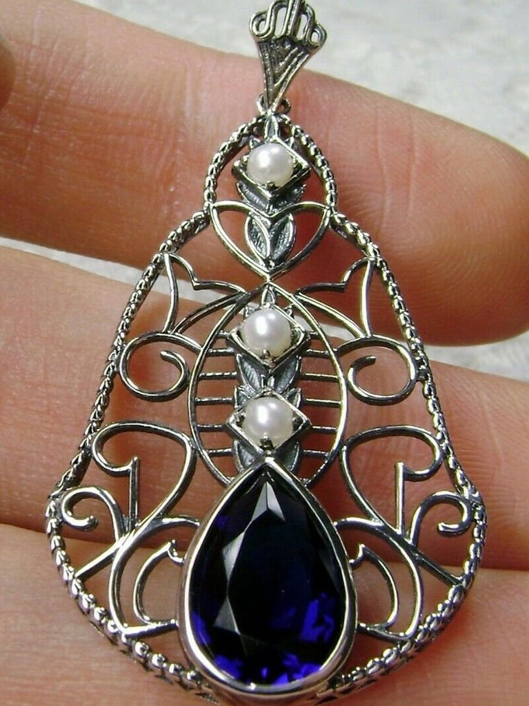 Blue Sapphire Pendant, Lavalier Necklace, sterling silver filigree, teardrop gemstone, victorian jewelry, Silver Embrace Jewelry P22