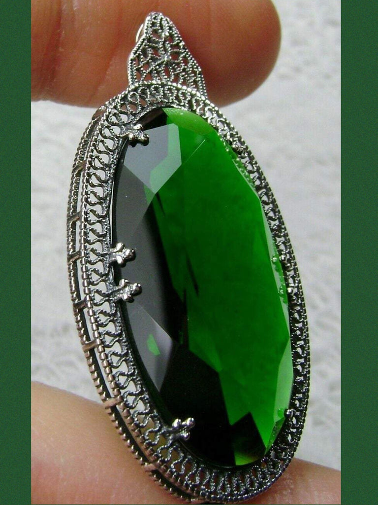 Green Emerald Pendant, large deep emerald green oval pendant with sterling silver art deco filigree, Silver Embrace Jewelry