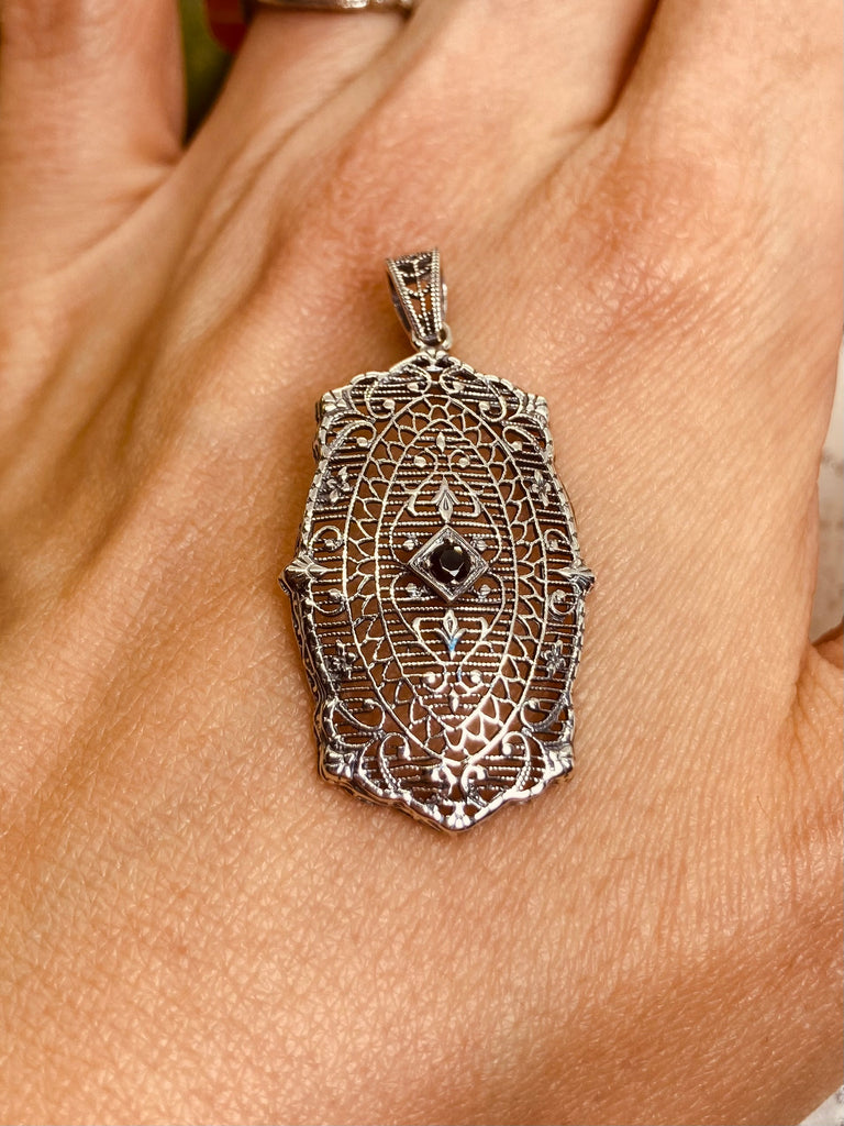 Natural Blue Sapphire Pendant, Sterling silver filigree, Rococo design, Silver Embrace jewelry, P358